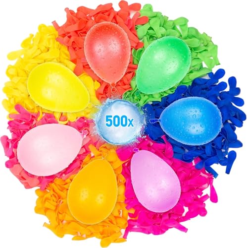 Belmalia 500 Wasser-Bomben Mega-Pack | Bunte Wasserballons mit Auffüllhilfe in Rot Gelb Lila Blau Orange Pink Grün