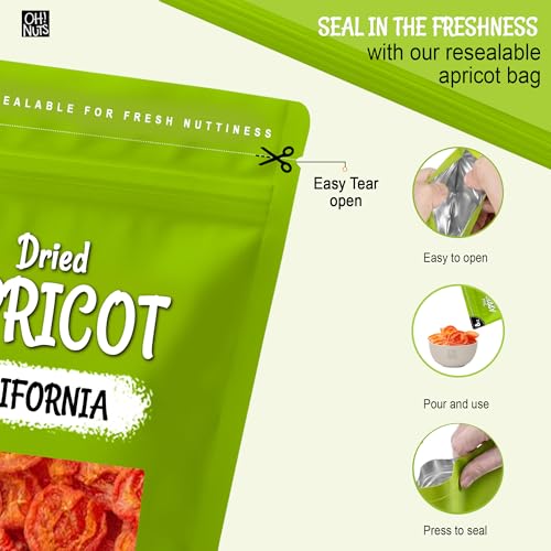 Image of Oh! Nuts Dried Apricots California - 8 oz - No Sugar Added - Packed in New York Zip-Seal Bag to Preserve Natural Freshness and Quality | Dried apricots no sugar added - California sun dried fruit snacks - Packed NY - Zip-seal bag freshness - Kosher 8oz