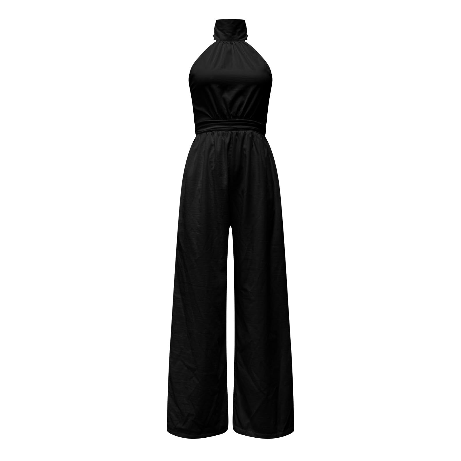 Tuta da donna festiva ed elegante, con schiena scoperta, con allacciatura al collo, senza maniche, spalle scoperte, tuta intera a gamba larga, tuta sciancrata, tinta unita, con tasca