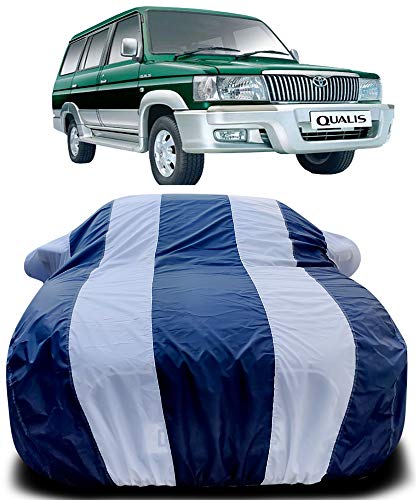 Image of PURPLEHEART Car Body Cover Compatible with Toyota Qualis Car Cover Body with Mirror Pocket Triple Stitched Bottom Elastic Water Resistant UV Protection & Dustproof Car Cover-Blue & White