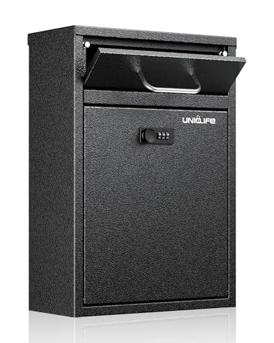 Uniclife Wall Mount Mailbox for Outside, Heavy Duty Locking Mail box, Large Mailbox with Combination Lock, Security Mail Box, Safe Key Drop Box, Post Box, Steel Cash Drop Box for Home Office, Black