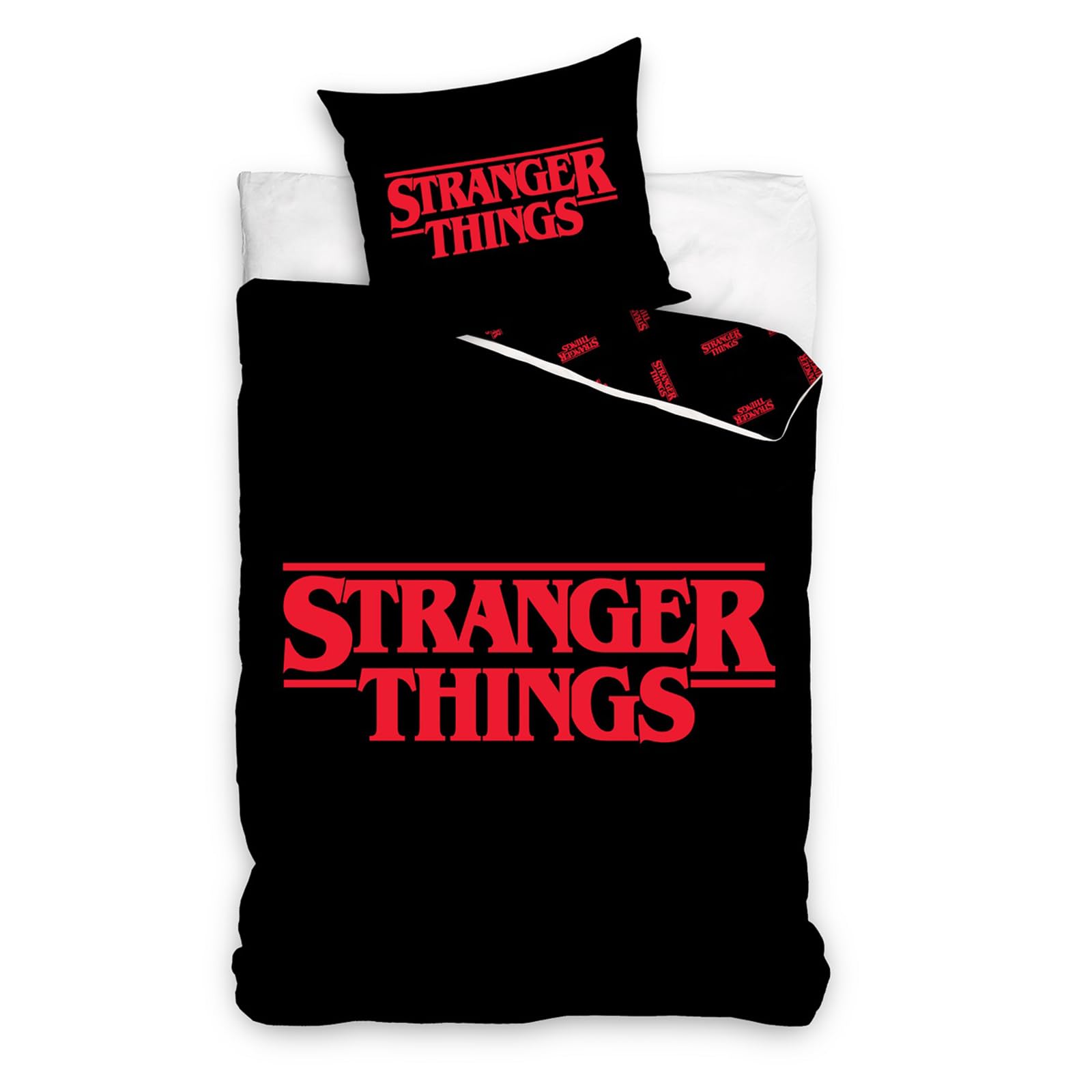 Stranger Things Logo Single Duvet Cover Set with European Size Pillowcase - 100% Cotton Bedding Reversible Bed Linen for Kids Teens Black