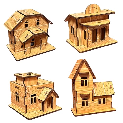 MPIUET 4-in-1 Log Cabin Mini House 3D Wooden Puzzle Building Kit Set