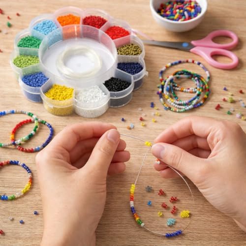 Image of Beadsnfashion Opaque Colors Glass Seed Beads Kit for Girls and Kids- Size 11 /0 (2mm) - Includes 12 Mtrs Nylon Thread for Jewellery Making, Beading, Embroidery, Art & Craft Projects