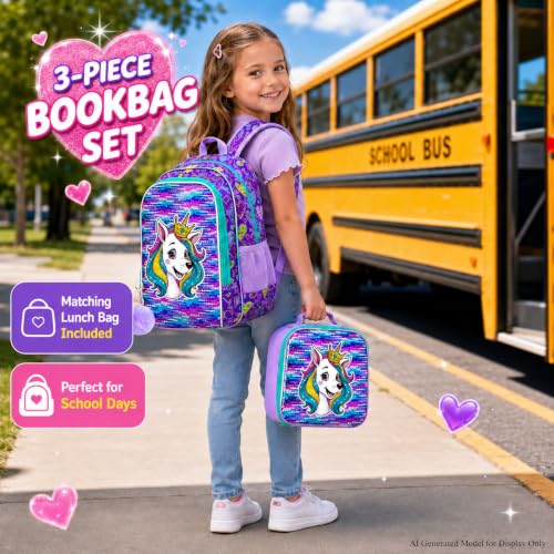 Image of 3Pcs Dog Backpack for Girls, 16 inch Sequin Bookbag Set for Kids, Elementary Preschool Preschool School Backpacks with Lunch Box (Purple)