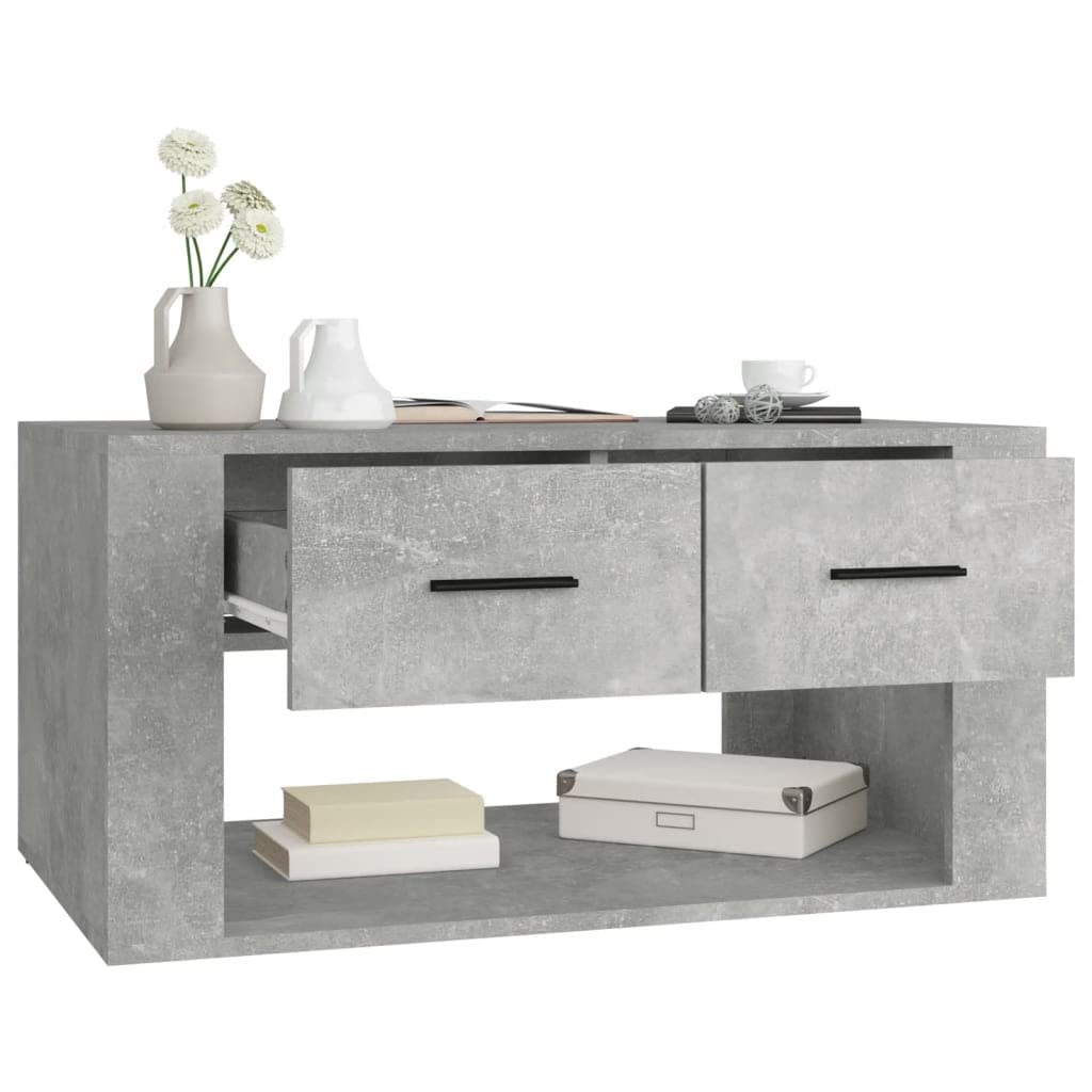 Générique Stolik kawowy Szary Beton 80x50x40 cm Drewno inżynierskie | 2 szuflady do przechowywania, wytrzymała góra, łatwa do czyszczenia, instrukcja montażu w zestawie