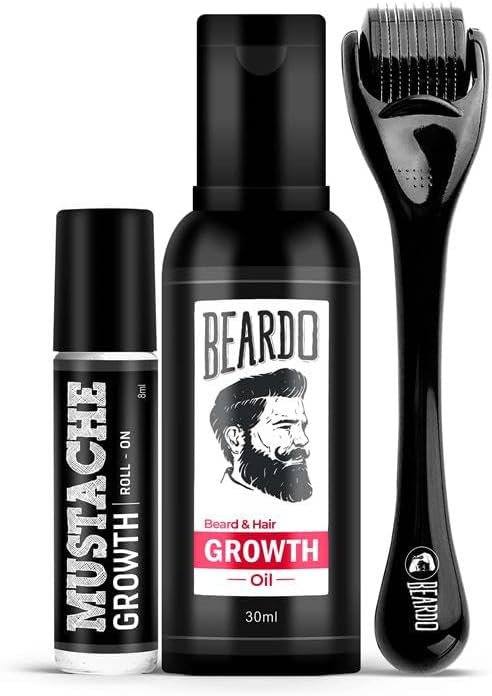 Mustache Growth Roll On 8ml, Beard & Hair Growth Oil 30ml with Derma Roller | Beard Growth Kit for Men, Hair Regrowth, Patchy Beard Treatment, Grooming Combo (Pack of 3)