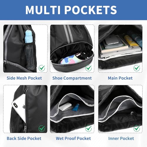 Image of Drawstring Gym Bag for Men, Waterproof Drawstring Backpack for Women, Swim Bag with Shoes Compartment, Pull String Sport Bag for Soccer and Basketball Black.