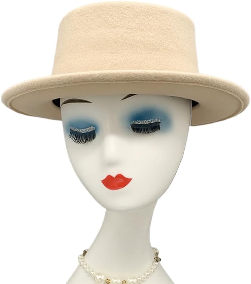 Classic Flat Brim Fedora Hat with Leather Belt Buckle Band, Beige Wool Felt