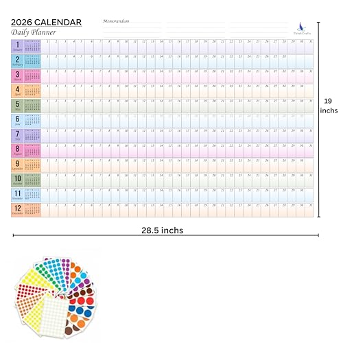 Image of ThinkCrafts 2026 Wall Calendar Daily Planner, Large Format 28.5x19 Inches, Writable Surface with Color Dot Stickers, 12 Month Organizer