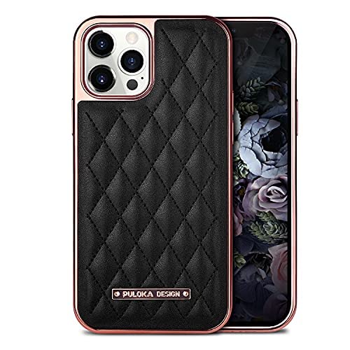 Image of PULOKA iPhone 12 Pro Max Electroplated Leather Case Royal Diamond Design Back Cover for Apple iPhone 12 PRO MAX 6.7 inchinch - Black