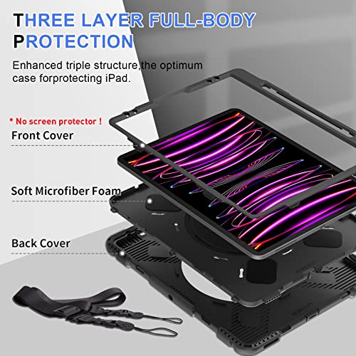Supfives Ipad Pro 12.9 Case 2022 6Th Generation: Upgraded Military Grade Shockproof Protective Silicone Cover For Ipad 12.9 Inch 5Th Gen 2021-Pencil Holder-Handle-Shoulder Strap-Kick Stand-Black #TOP4