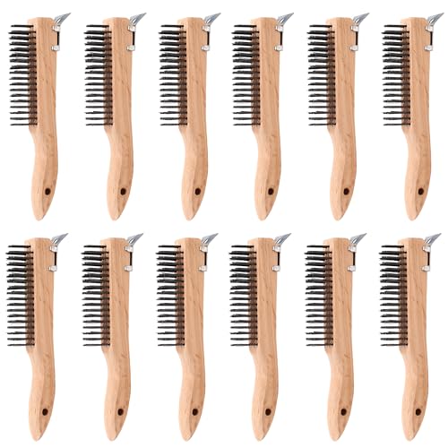 Image of Wire Brush Wooden Curved Handle Scratch Brushes with Scraper,Wire Brushes for Cleaning Welding Slags and Rust,Carbon Steel Wire,12PCS
