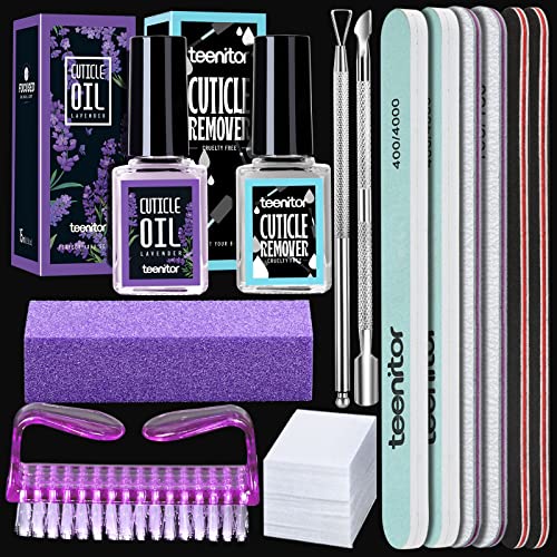 Nail Files and Buffer, Teenitor Cuticle Remover Kit with Nail File Buffer Block, Cuticle Remover, Cuticle Oil, Cuticle Pusher, Cuticle Peeler Scraper, Nail Brush, Nail Remove Pads Manicure Tools Kit