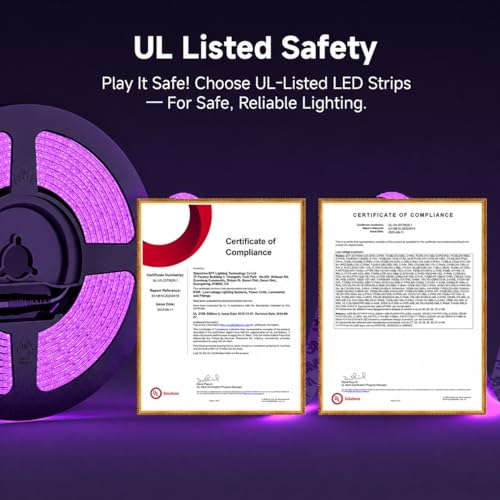 Image of BTF-LIGHTING Purple COB LED Strip Light, UL Listed 480LED /m High Density Uniform Light,16.4FT DC12V 8mm Width 3M Tape Light for Cabinet Bedroom Home Indoor DIY Lighting(No Adapter or Controller)