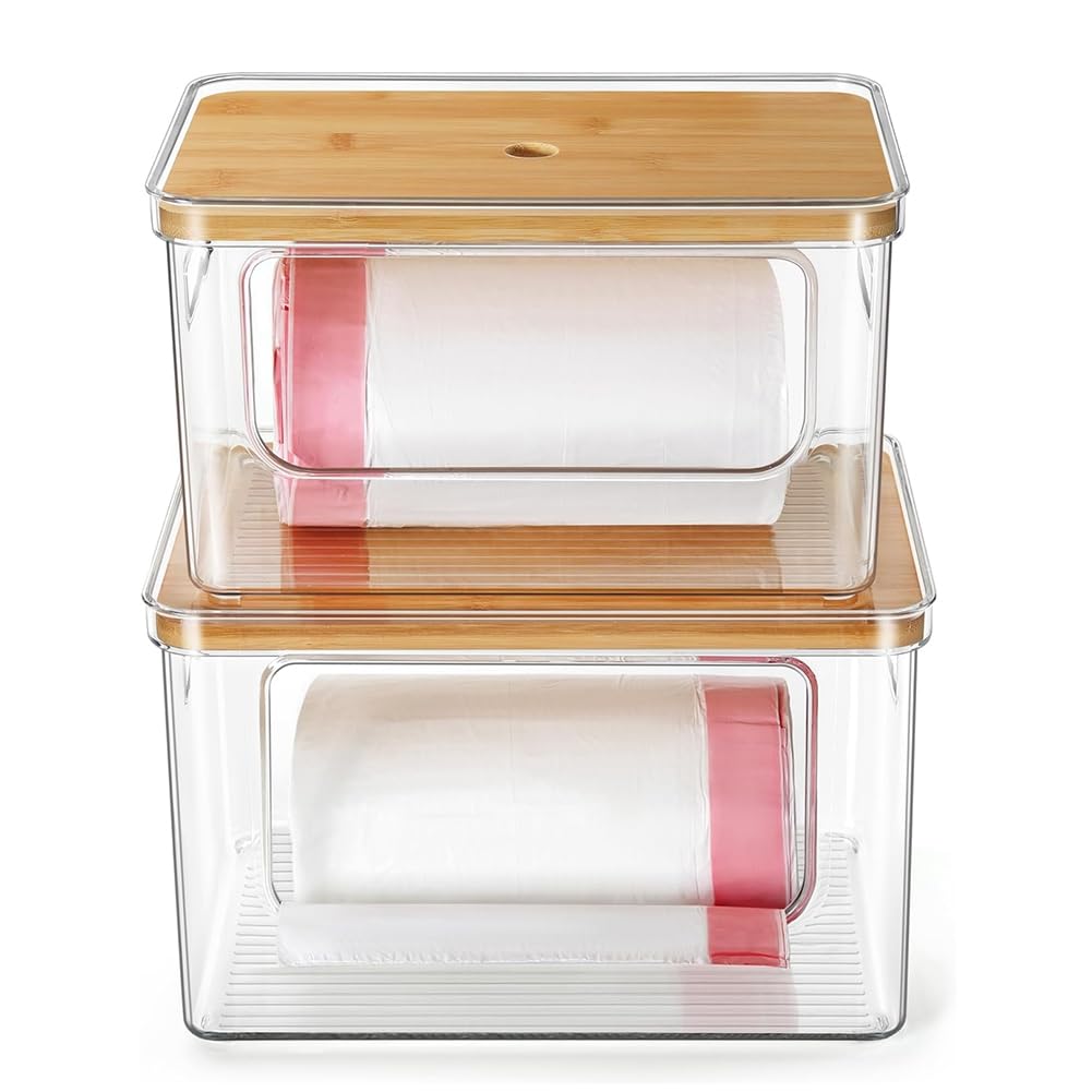 UDSKNV[KSL For Kitchen and Laundry Room Organizer, Stackable Trash Bag Dispenser, Acrylic Garbage Bag Holder with Bamboo Top 2 Pack