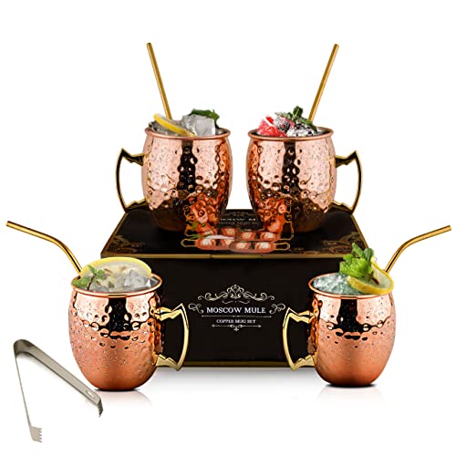 IRONABLE Verre Moscow Mule|550mL|Moscow Mule Mug- Verres à Cocktail avec 4 Tasses en Cuivre, 4 Pailles, 1 Pince à Glace, Parfait pour Les Parents et Amis.