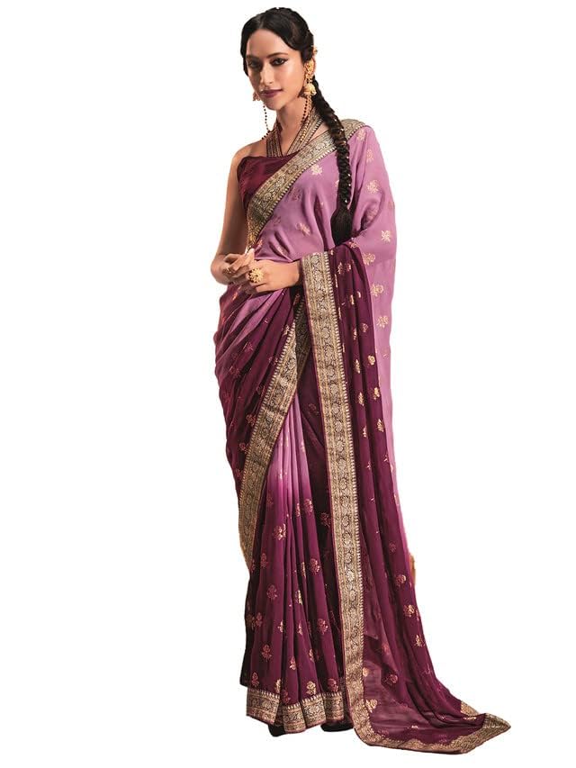 Image of SIRIL Women's Lace & Foil Printed Georgette Saree with Unstitched Blouse Piece(2826S480 Pink, Purple)