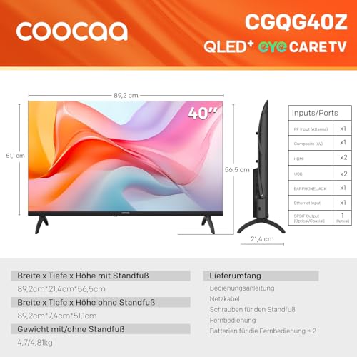 coocaa Smart TV 40 Zoll, 100cm, QLED FHD Fernseher kompatibel mit Google TV, HDR 10, Dolby Audio, Bluetooth 5.1, EyeCare, Google Cast, Triple Tuner DVB-T/-T2/-C/-S/-S2 CI+, 2026 Upgrade-Modell 3