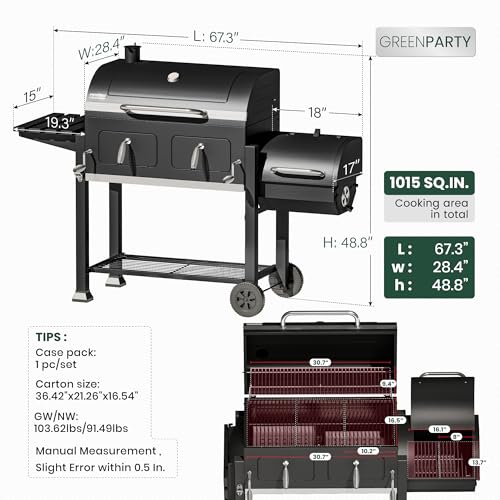 Image of 30 Inch Barrel Charcoal Grill and Offset Smoker for Outdoor Cooking BBQ | 1015 Sq In Cooking Area, Porcelain-Enameled Steel Wire Grates, 2 Height-Adjustable Charcoal Pans