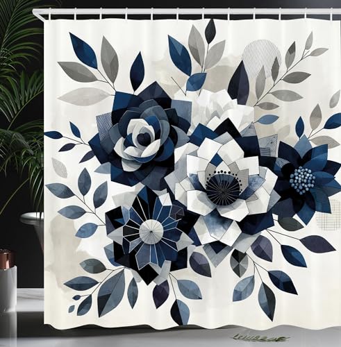 Ambesonne Navy Blue Shower Curtain, Abstract Modern Flowers Geometric-Shaped Petal