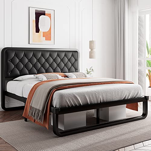 iPormis Queen Size Metal Bed Frame with Faux Leather Headboard, Curved Platform Bed Frame, Thicker Metal Steel Slats Support, 12” Under-Bed Space, Noise-Free, Easy Assembly, Black
