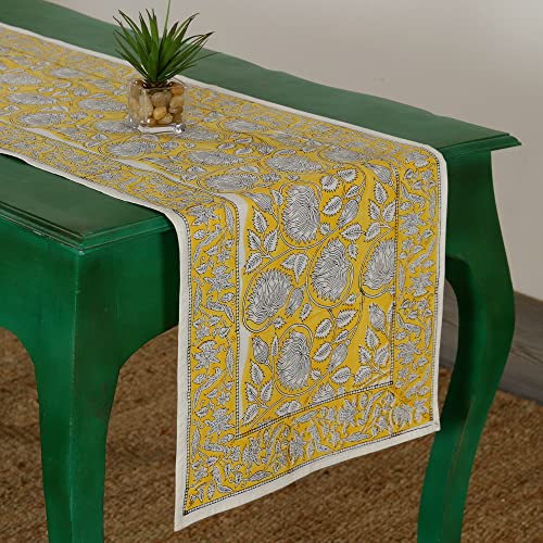 Image of Ravaiyaa - Attitude is everything Cotton Hand Block Printed Table Runner Bed Runner Table Bed Decor (Yellow White Floral)