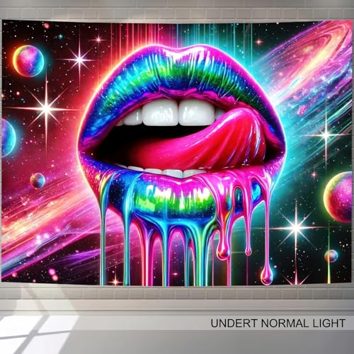Image of BlissYard Blacklight Tapestry Neon Glow Posters 78x59 Inches Cosmic Rainbow Lips Wall Hanging, Fluorescent Art Decoration for Bedroom, Living Room, Parties