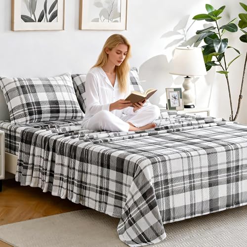 Image of Viviland Plush Micro Fleece Queen Bed Sheet Set - Soft Fuzzy Polar Fleece Velour Velvet Sheets - Extra Warm Winter Fleece Bed Sheets with Deep Pocket - Grey Plaid - Queen | Soft Flannel-like Fleece, 100% Polyester, Fluffy Velvety Feel, 200GSM, 15 inch Deep Pocket, Warm Winter Gift & Decor