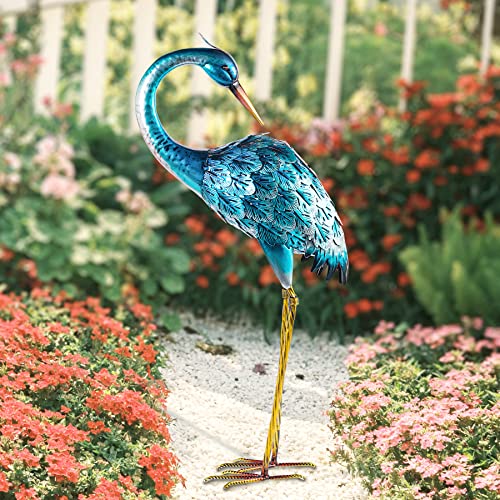 Natelf Garden Crane Sculptures & Statues, Blue Heron Decor Outdoor Metal Birds Yard Art With Solar Lights For Patio Lawn Pond Backyard Decorations #TOP4