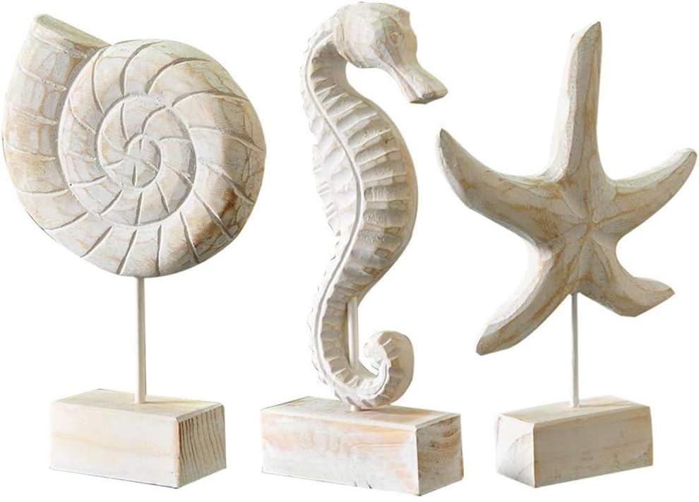 3Pcs Modern Wood Sculpture Home Decor Statue Starfish Conch Seahorse Figurines Beach Nautical Style Table Sculptures Home Decor