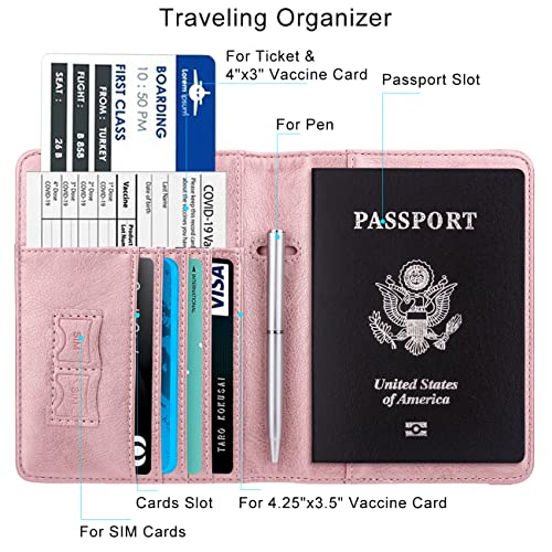 Image of WALNEW Passport Holder for Travel, RFID Passport Cover Wallet for Women Men, PU Leather Passport Book Card Holder Case with Pen (Elastic Band Closure, C-Rosegold)