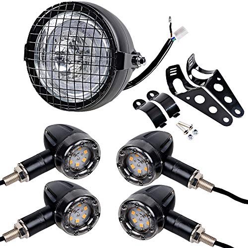 Astra Depot 6 1/2 inch LED Headlight with Halo Ring + Mesh Grill Cover + Side Mount Bracket + 4pcs Amber & RED LED Bullet Turn Signal Stop Brake Lights