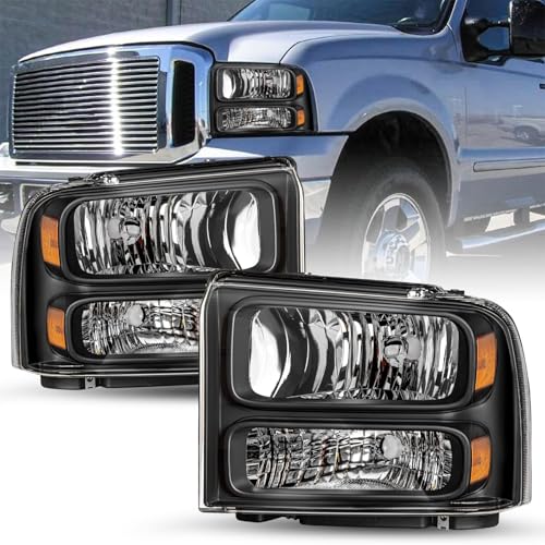 SOCKIR Headlight Assembly Compatible with 05 06 07 Ford F250 F350 F450 F550 Super Duty / 2005 Ford Excursion Driver and Passenger Side (Black Housing & Amber Reflector)