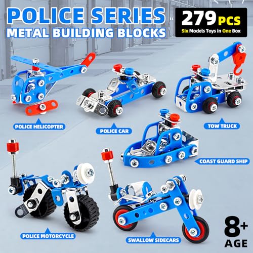 Stem Building Toys for Boys Age 8-12,Police Toys 6 Mini Metal Model Set for Kids,Erector Set for Boys Age 8-12,Assembly Science Kit Educational Gifts For Kids 8 9 10 11 12-16 Years Old(279 Pieces) - Image 3