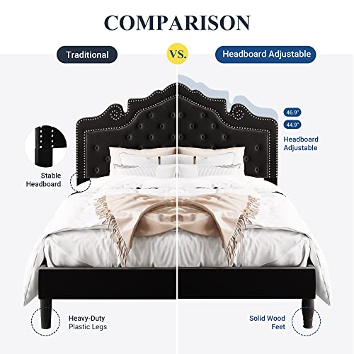 Allewie King Size Platform Bed Frame with Adjustable Velvet Headboard - Easy Assembly, No Box Spring Needed, Black