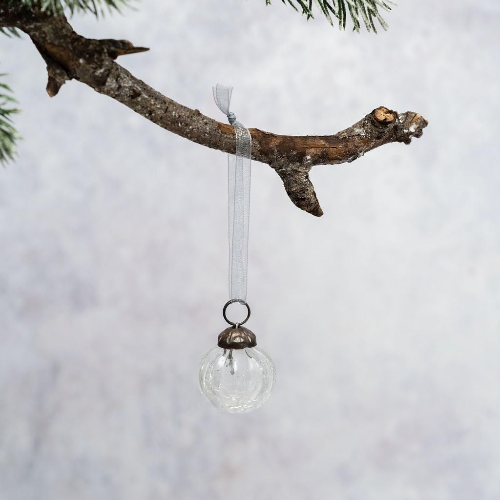 Arthur Cameron – Handmade, Mouth-blown 1" Ribbed Glass Mini Baubles with Bronze Cap, Ribbon & Organza Bag – Elegant Small Christmas Baubles & Christmas Hanging Decorations (Clear)