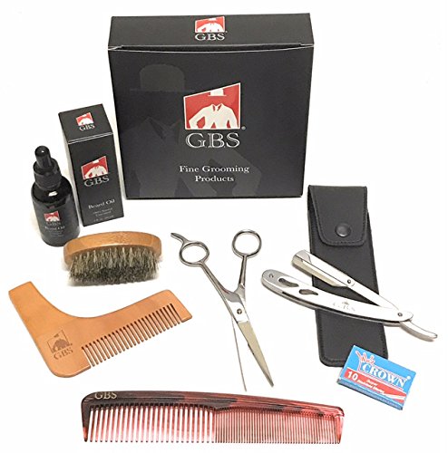 G.B.S Beard Growth Professional Kit– 5.5” Scissors, Beard Oil, Boar Bristle Beard Brush, shavette, 7" Dressing Comb, Leather Case + Blades