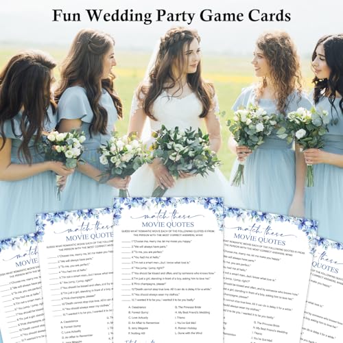 Image of Match These Movie Quotes Bridal Shower Games, 25 Blue Floral Bridal Shower Game Cards & 1 Answer Card, Engagement Party Game for Guests, Wedding Games for Reception, Marriage Party Supplies -15