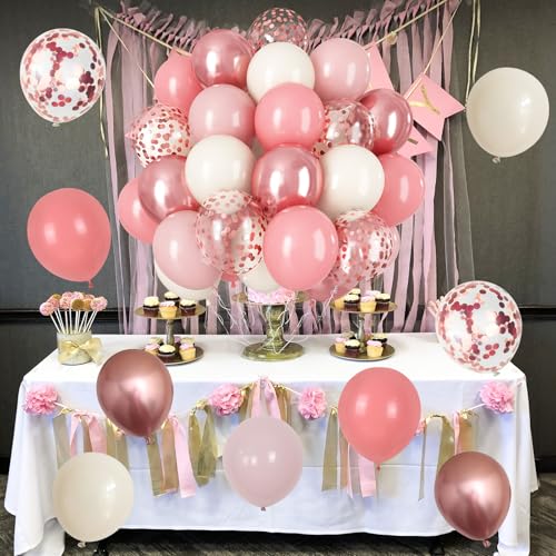 Image of Dusty Pink Balloon Set, 60Pcs 12 Inch Retro Blush Pink White Sand Nude Latex Balloon with Metallic Confetti Rose Pink Helium Balloon for Girls Women Birthday Party Baby Shower Boho Decoration Supplies