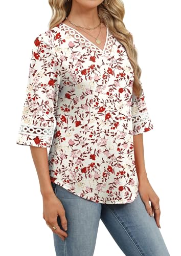 Image of WIHOLL Womens Tops Eyelet Lace V Neck 3 /4 Bell Sleeve Blouses Dressy Casual Work Shirt 2026 Summer Fall Fashion Clothing