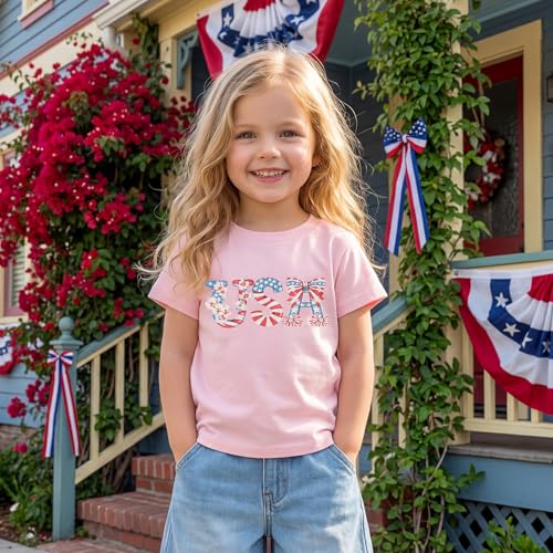Image of Kids Toddler Girls 4th of July T-Shirt Coquette Bowknot Patriotic USA 250 American Flag Independence Day Top