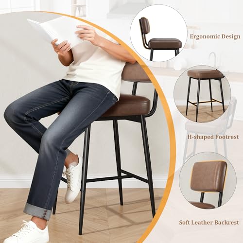 Image of GarveeHome Bar Stools Set of 4, 26 inch Brown Faux Leather Counter Height Bar Stools with Backs, Modern Upholstered Barstool Chairs with Metal Legs for Kitchen Island, Home Bar, Dining Room