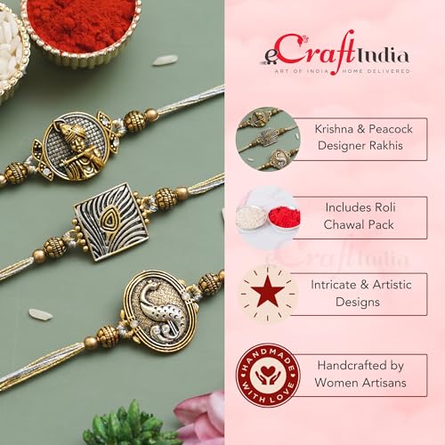 Image of eCraftIndia Set of 3 Peacock Designer Rakhis for Brother Bhabhi Kids Bhaiya | Raksha Bandhan Rakhi Combo Hamper