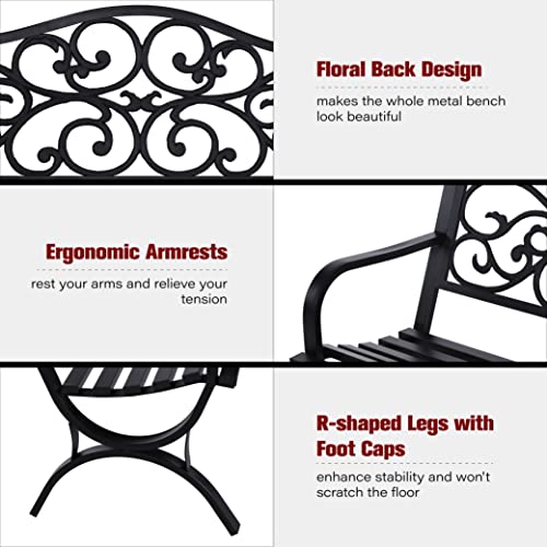 Sophia & William 50" Outdoor Garden Bench Patio Park Bench, Cast Iron Metal Frame Furniture with Floral Design Backrest for Porch Yard Lawn Deck, Black - Image 5