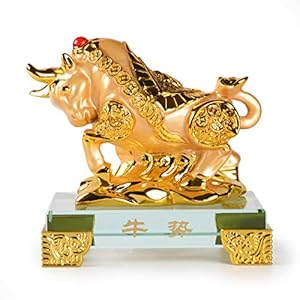 BRASSTAR Golden Resin Feng Shui Statue Chinese Zodiac Animal Bull/Ox Home Office Table Top Decor Figurine Gift Collection PTZY113