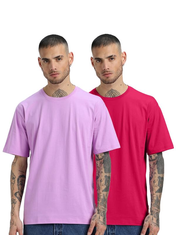 Image of Veirdo Solid Oversized 100% Pure Cotton Combo T-Shirt for Men & Boys (Half Sleeves, Round Neck, Drop Shoulder, Baggy Fit, Pack of 2, Available in S to 2XL