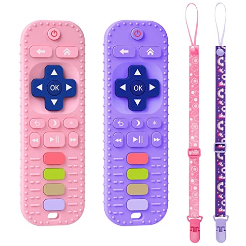Image of Aolso Silicone Baby Teething Toys, 2PCS Remote Control Shape Teething Toys,Teething Toys with 2PCS Pacifier Clip,Babies Chew Toys for BPA Free,3 Months+ Baby Teethers Soothe Toys(Pink&Purple)