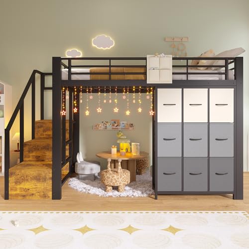 Yihomfy Lit Mezzanine 140×200cm avec échelle de Rangement, avec Espace de Rangement et 9 tiroirs en Tissu, Design barrière de sécurité, pour Enfants et...