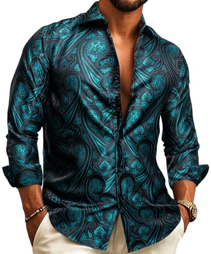 Image of Barry.Wang Men Shirts,Paisley Flower Woven Silk Dress Shirt Long Sleeve Big and Tall, Teal, Medium -B(21.5 inches)/W(20.5 inches)/ SW(18 inches)